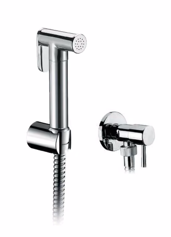 Presa acqua in ottone con rubinetto, supporto doccia fisso in abs, flessibile 1,5m e doccetta in ottone shut-off a risparmio idrico 6l/min — 9910U7