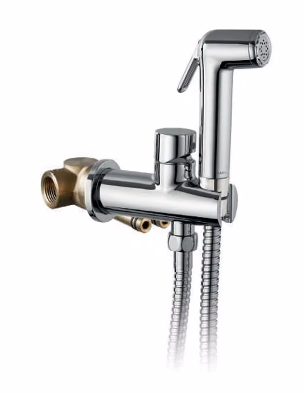 Miscelatore con presa acqua e supporto doccia fisso in ottone, flessibile 1,2m e doccetta in abs shut-off a risparmio idrico 6l/ min — 992799+122278