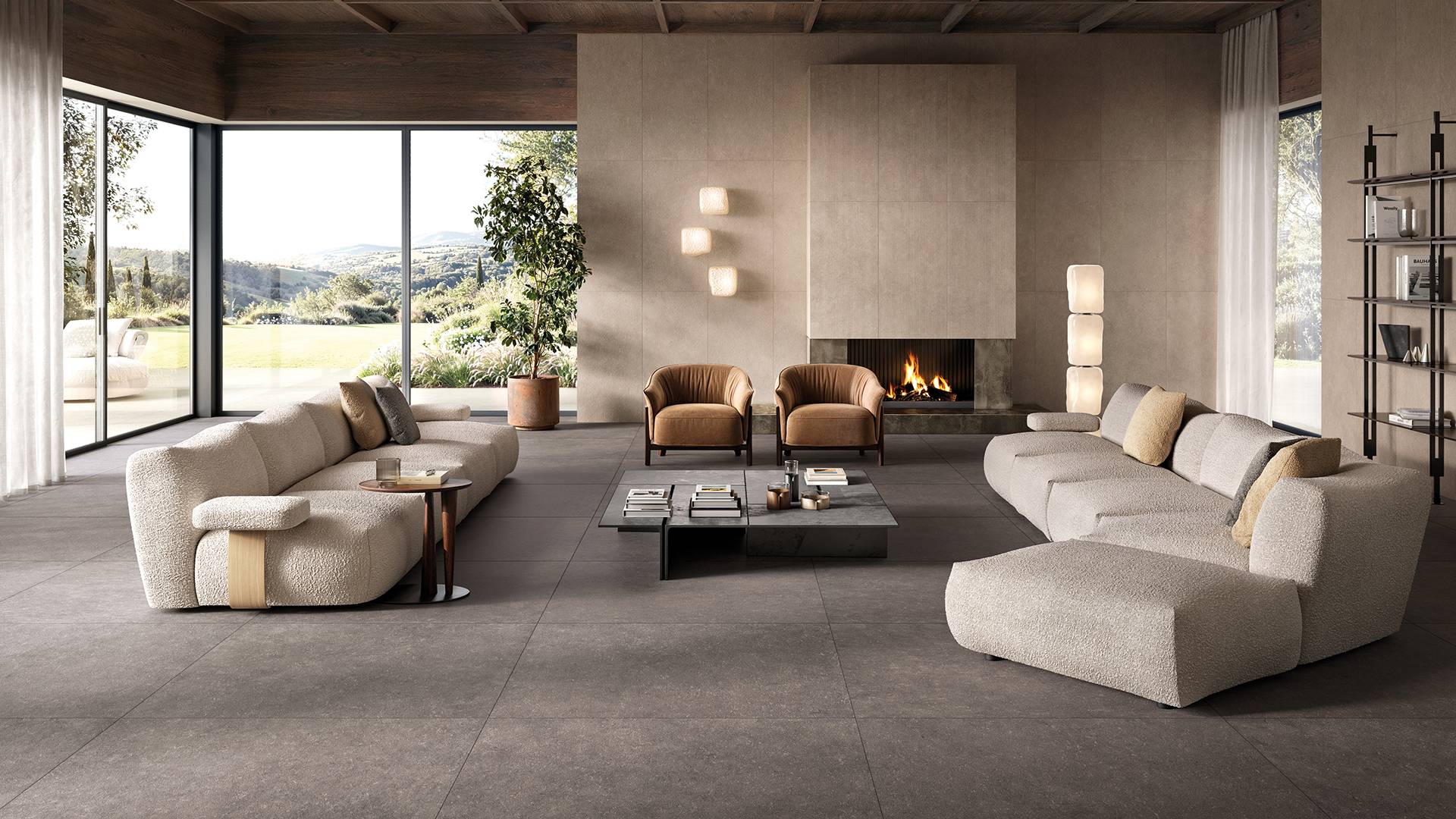 Living contemporaneo con superfici in gres porcellanato Refin Eidos